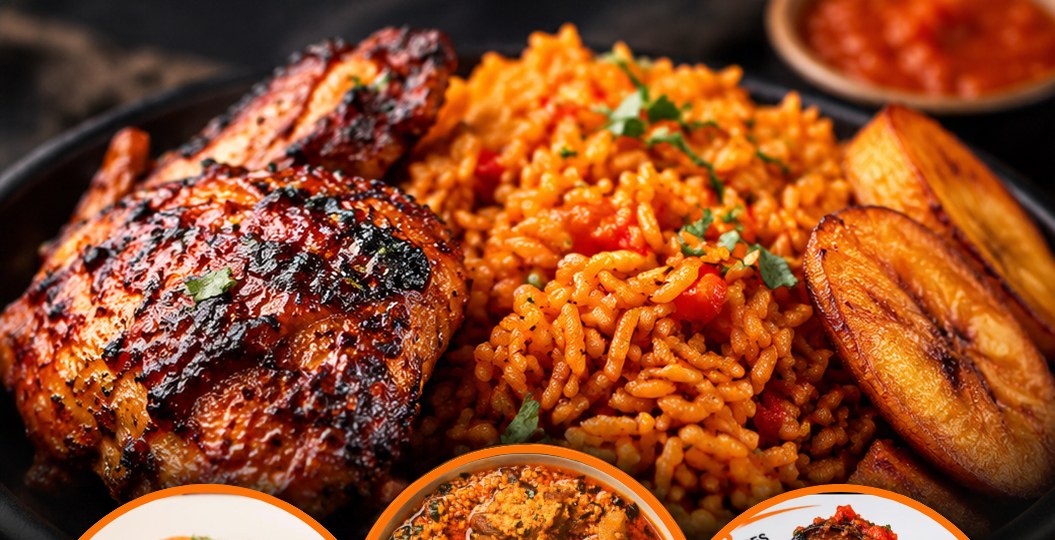 Jollof rice with grilled chicken and plantain